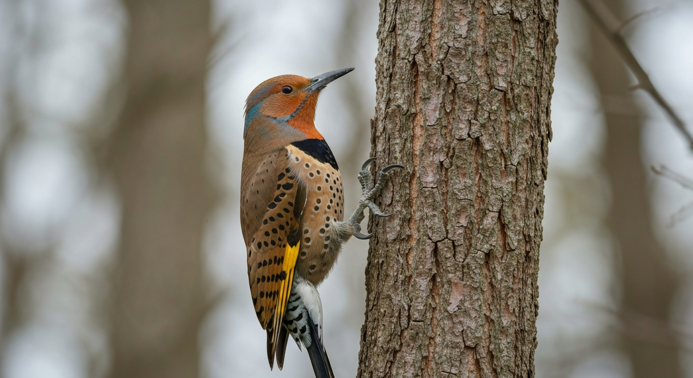 Northern Flicker perched on a tree trunk, showing barred back, spotted belly, black chest crescent, white rump, and yellow underwing shafts.