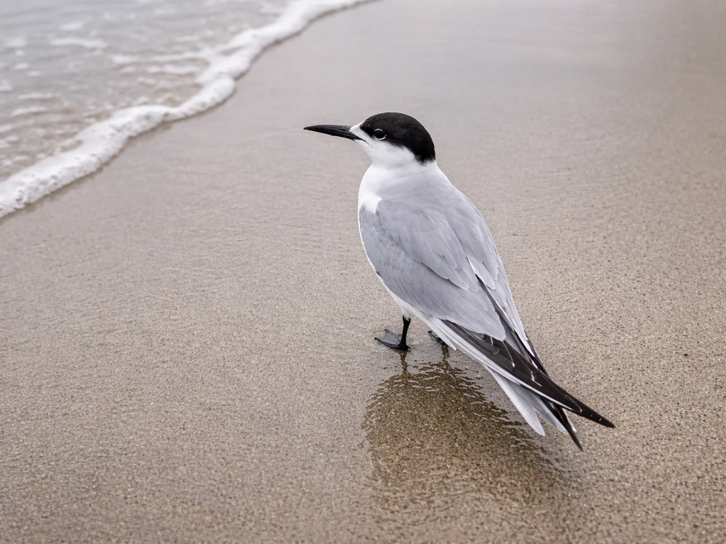 Gull-like bird on wet sand with wings and tail silhouette clearly visible from a three-quarter angle.