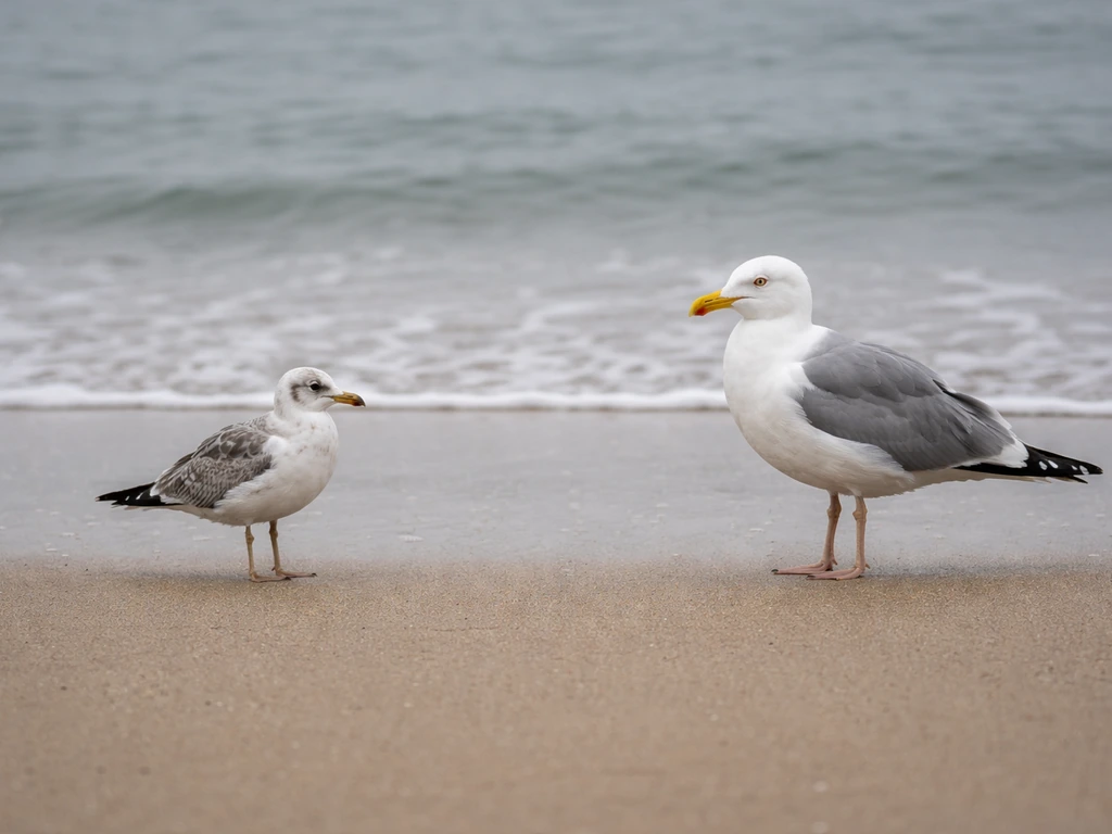 Two seagulls on a quiet shoreline, one smaller and one larger, shown in side-by-side scale from shore level.