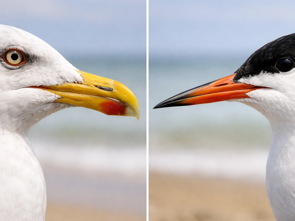 Close-up comparison of a gull’s hooked bill vs a tern’s straight dagger-like bill with head details.