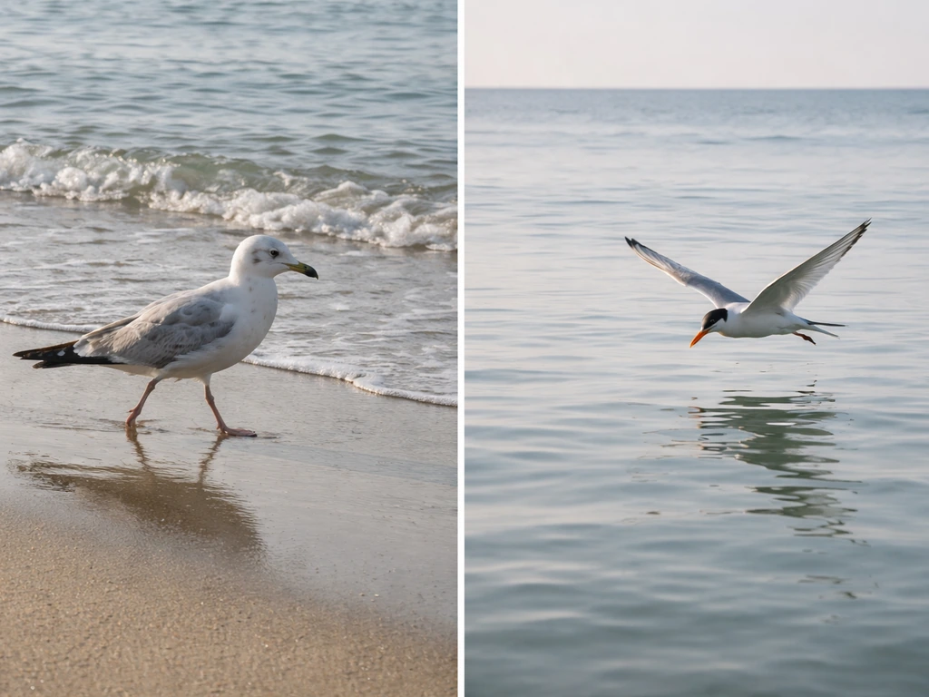 Two birds at a quiet shoreline: a gull foraging near wet sand and a tern flying low over water.