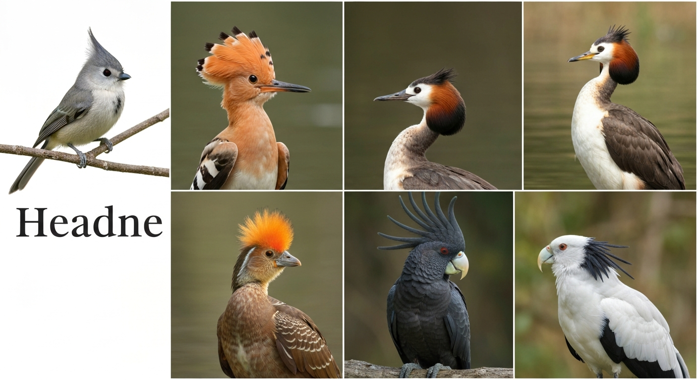 Collage of birds with hair-like crests and plumes: Tufted Titmouse, Hoopoe, Great Crested Grebe, Hoatzin, Palm Cockatoo, and Secretarybird.