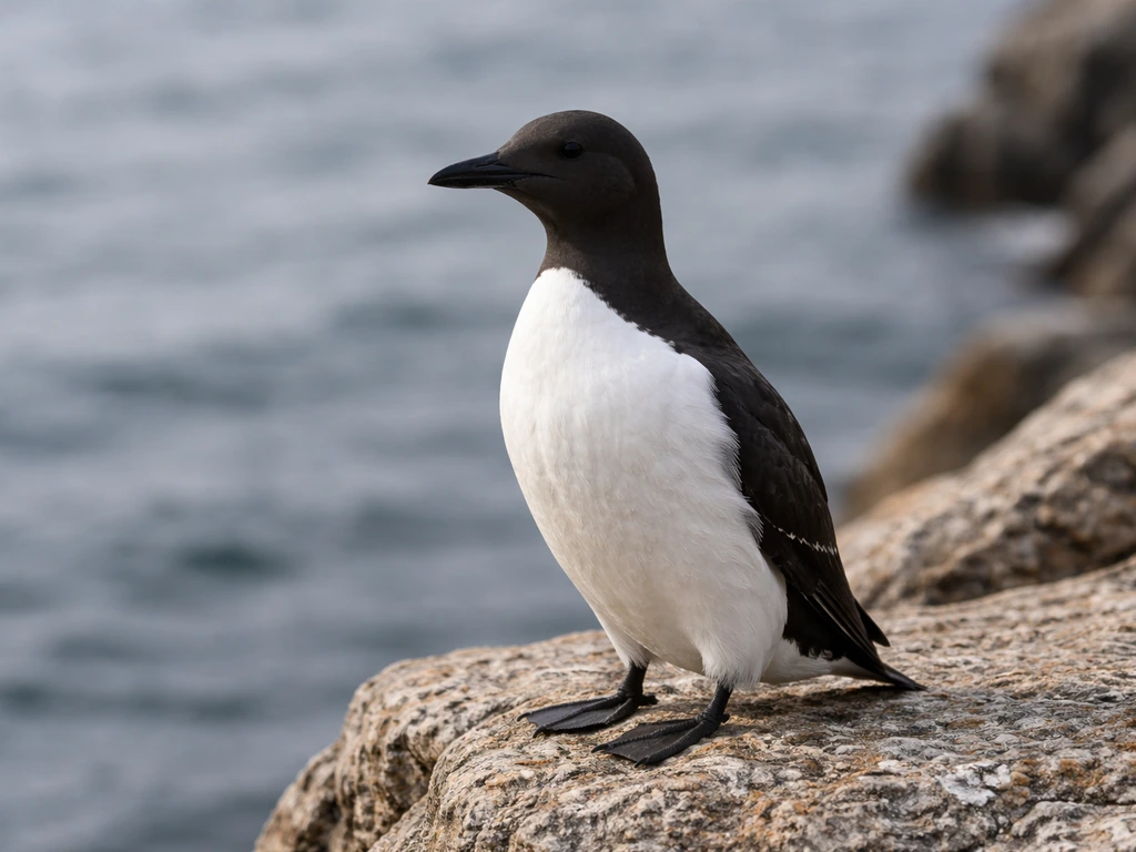 Black-and-white seabird with tuxedo pattern standing upright on a rocky coastal cliff