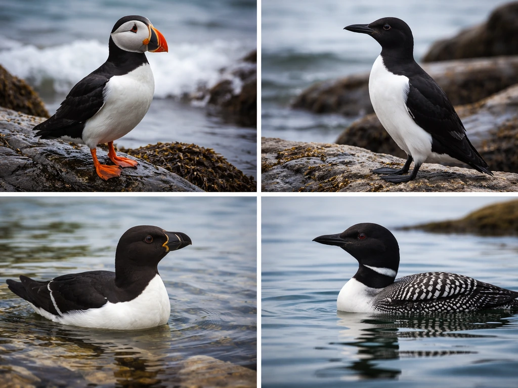 Minimal collage of black-and-white penguin-like seabirds (puffin, murre, razorbill, loon) on rocky coast and water