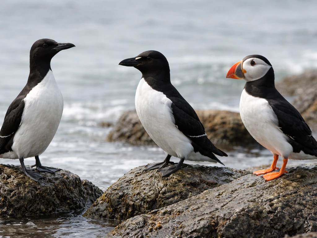 Three black-and-white seabirds perched on rocks by the ocean, showing different bill shapes and head patterns.