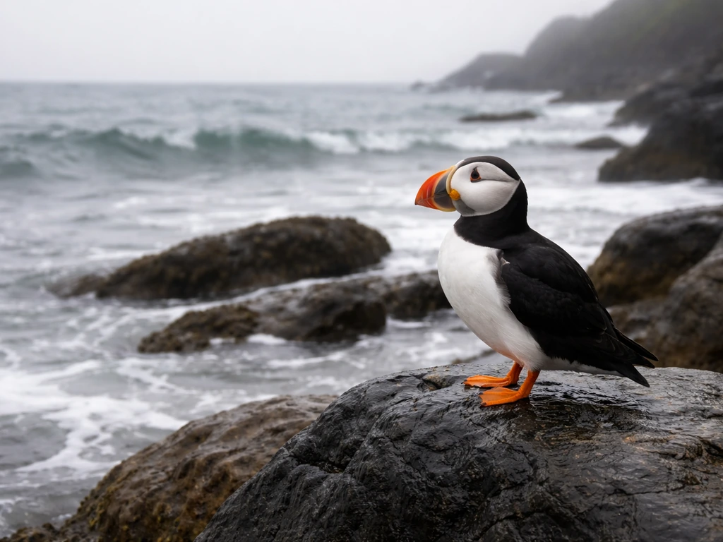 Tufted/horned puffin-like seabird perched on a wet rock above a misty North Pacific shoreline.