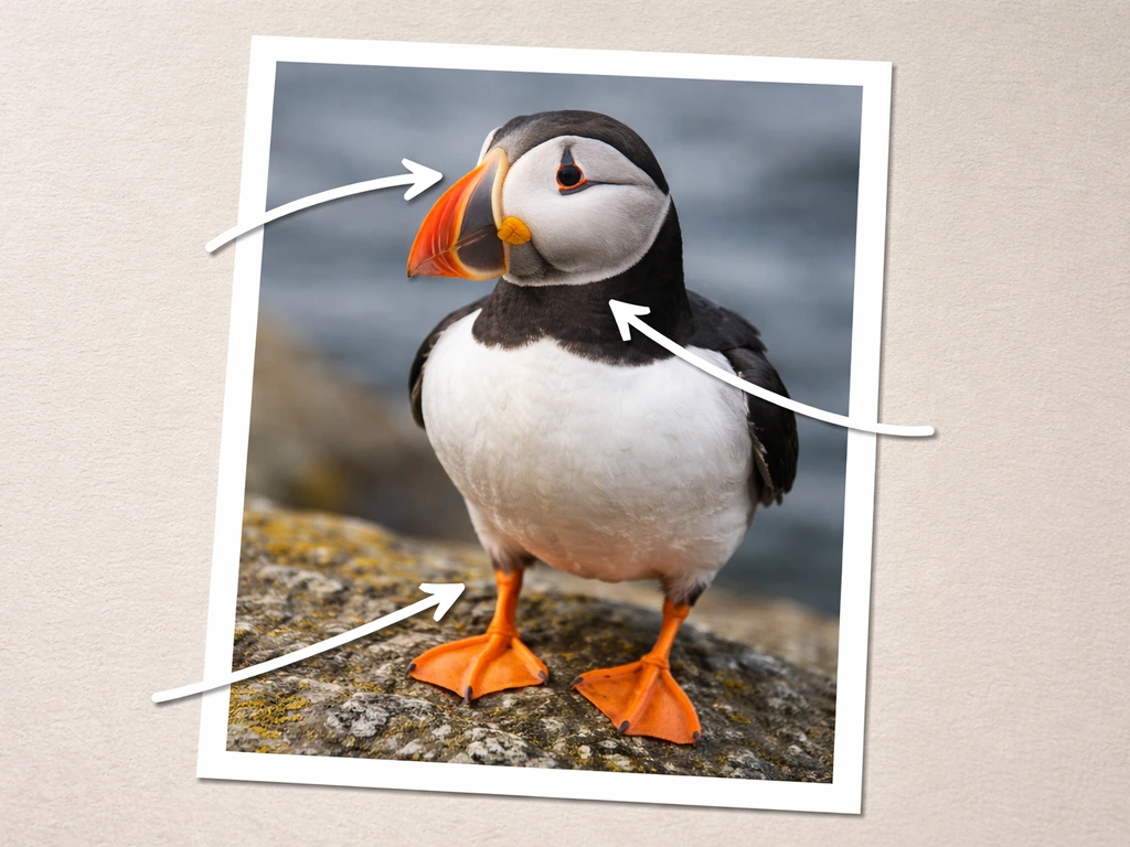 Close-up of a puffin photo showing bill shape, face markings, and feet stance with simple arrows