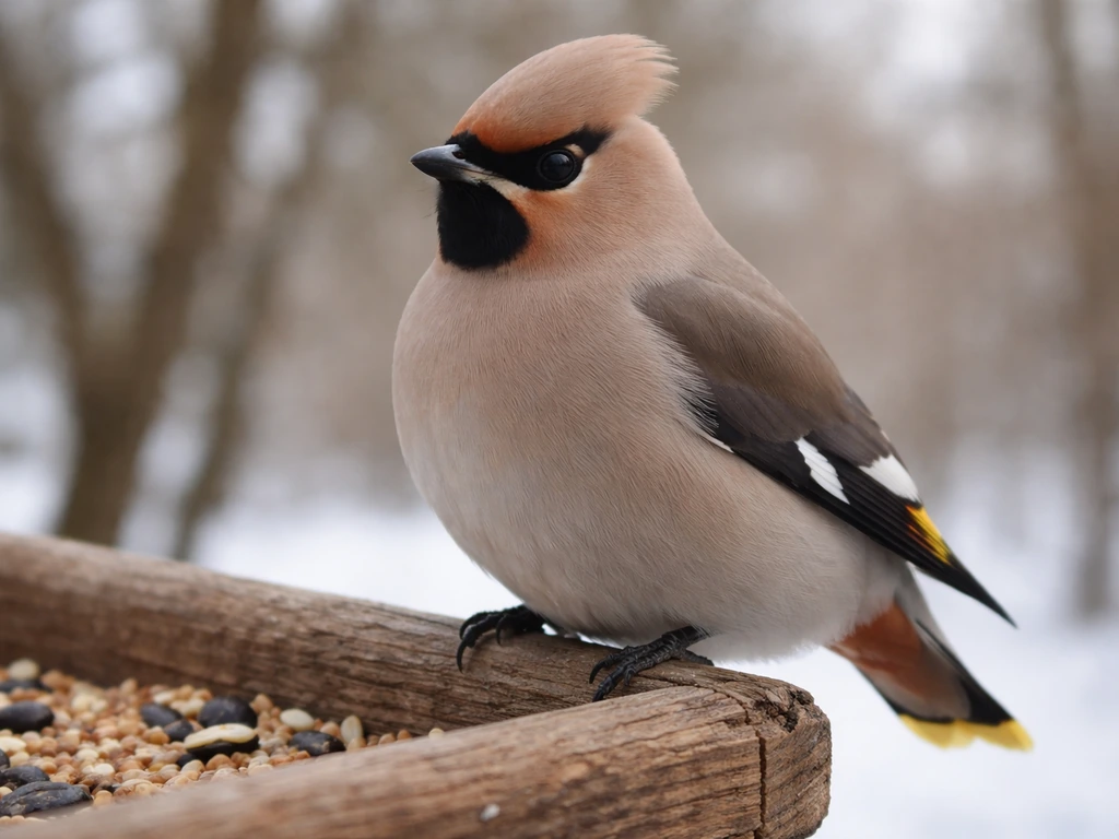 Close-up of a waxwing perched at a bird feeder, showing face mask and wing bands.