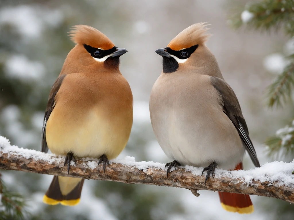 Two waxwing birds perched side-by-side, showing crest, warm body color, and face mask in a simple winter garden.