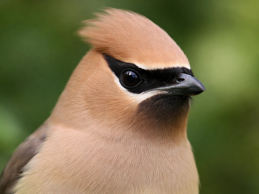 Extreme close-up of a waxwing face showing pointed crest, black mask, and eye/bill details