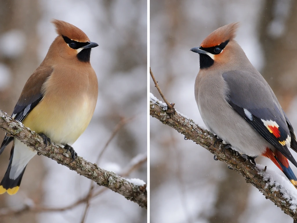Two perched waxwings side-by-side, showing different colors and markings of Cedar vs Bohemian types.