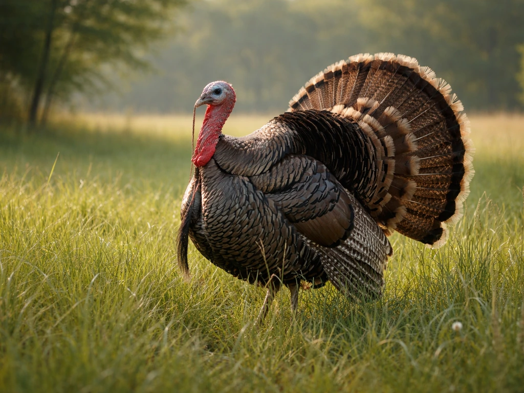Wild turkey strutting in tall grass, fan-shaped tail and bare head/neck clearly visible.