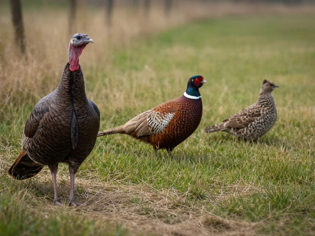 Minimal photo-style lineup of a turkey, ring-necked pheasant, and ruffed grouse in a simple outdoor farm setting.