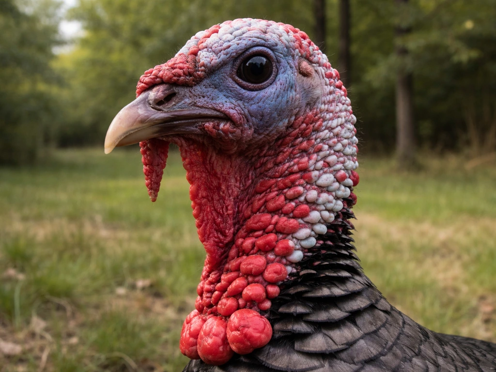 Close-up of a male wild turkey’s featherless, wrinkled red-and-blue head and upper neck.