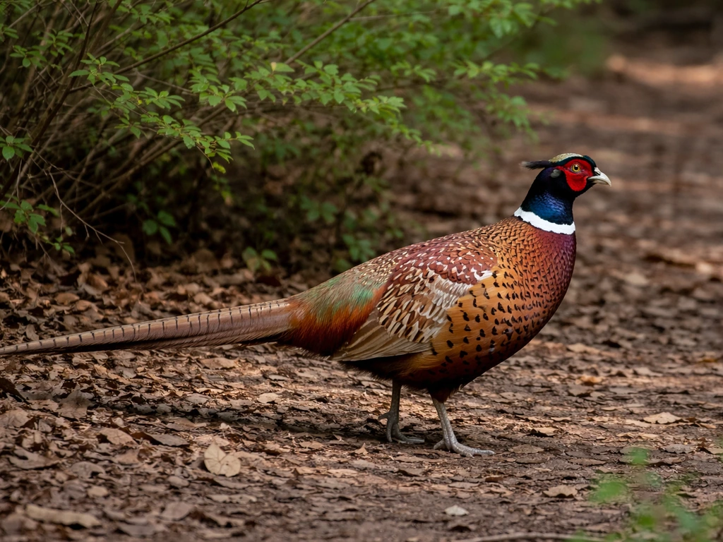 Side view of a ring-necked pheasant on the ground, tail held straight back, in natural brush.