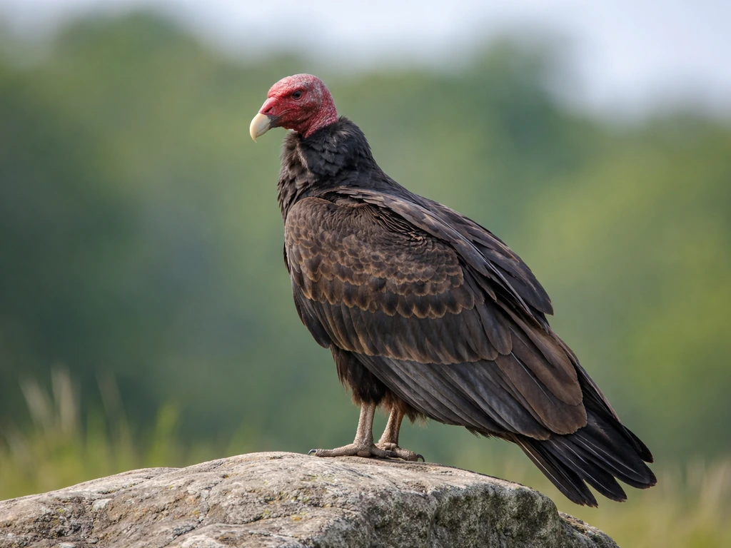 A turkey vulture perched outdoors, showing its bare red head and dark wings from a distance.