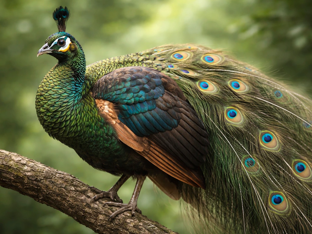 Close-up of a peafowl-lookalike bird with partially open eye-spotted feathers and faint tail-train shape.