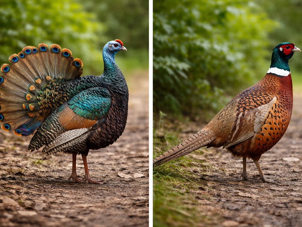 Two birds side-by-side: one with eye-spot pattern and one without, outdoors on a simple natural background.