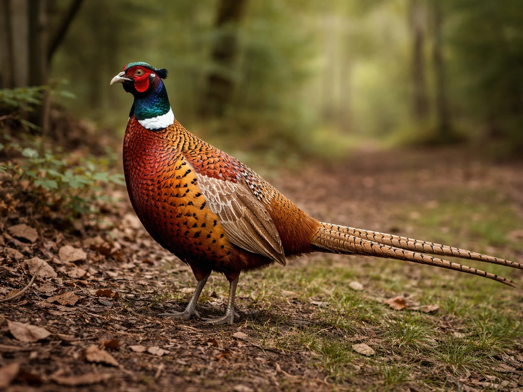 Male ring-necked pheasant with copper-gold plumage and long barred tail in natural woodland light.