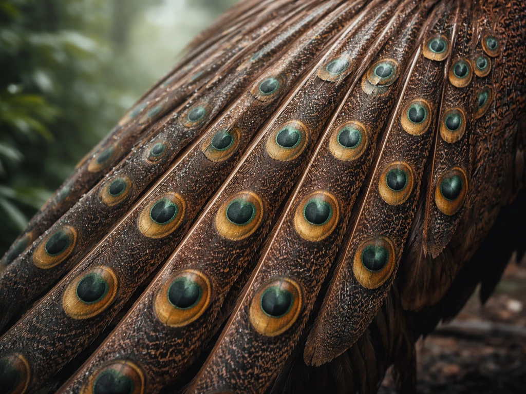 Close-up of great argus pheasant secondary wing feathers showing rows of round eye-like spots.