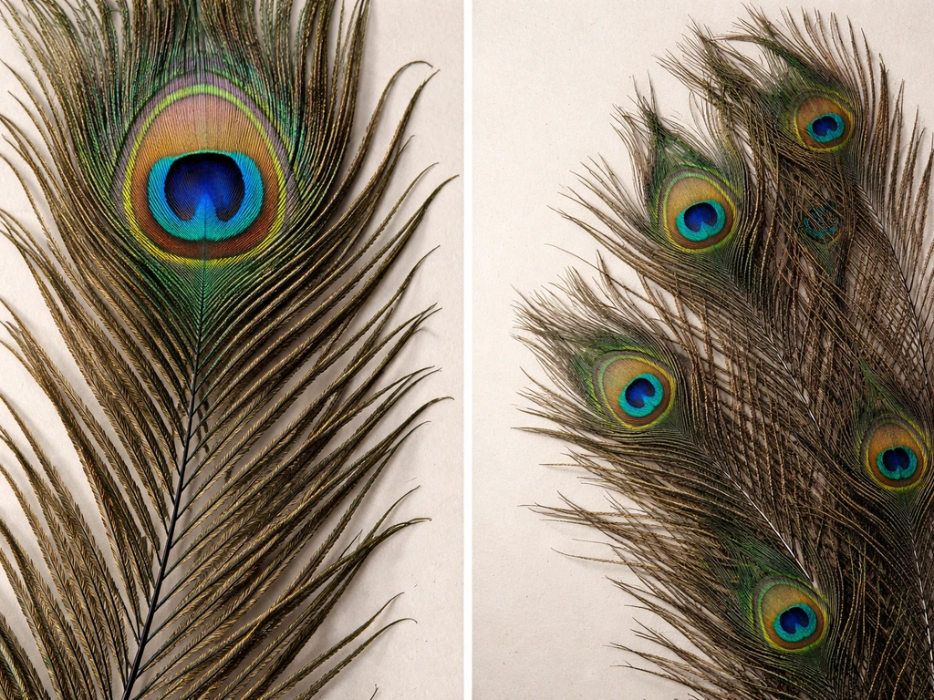 Side-by-side close crops of peacock train feathers showing eye spots on the feather vs elsewhere.