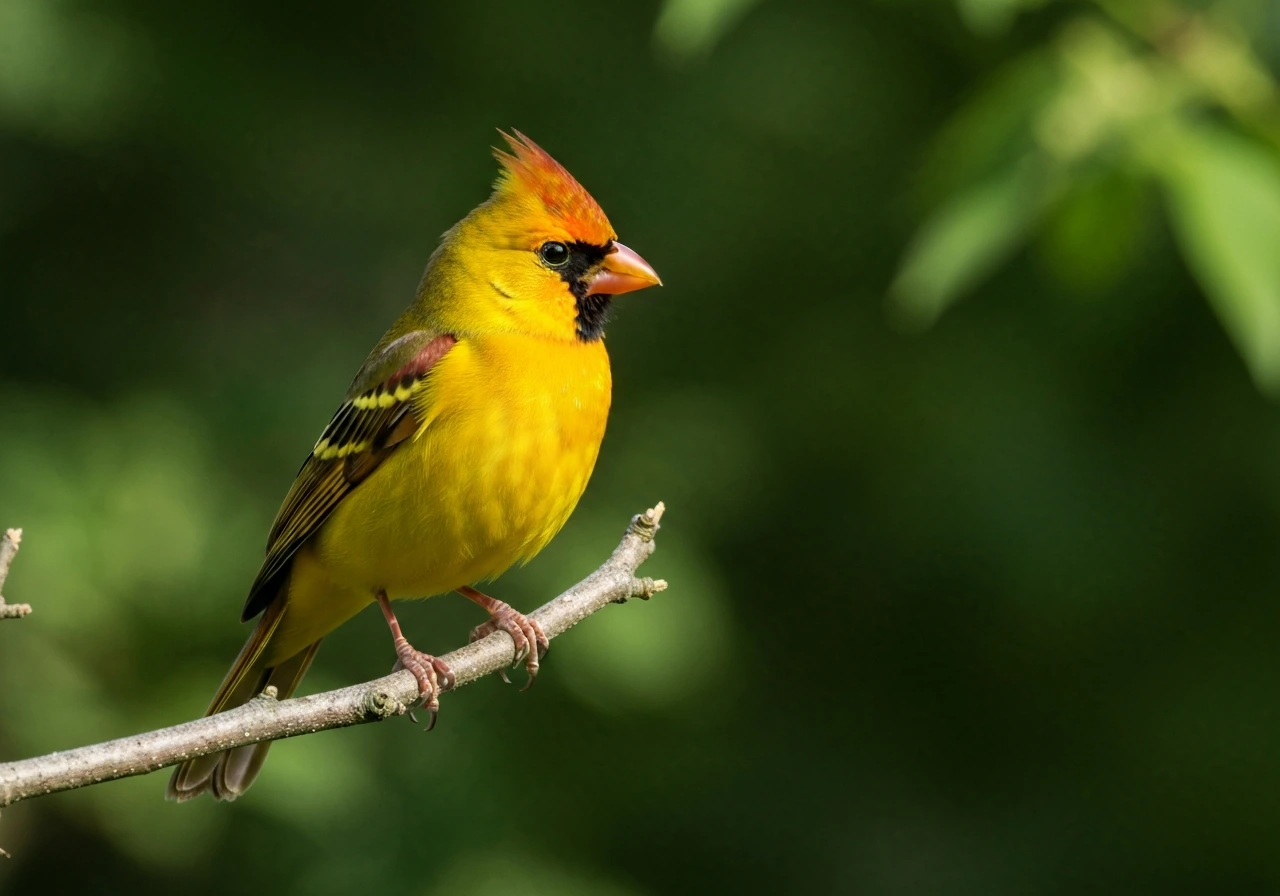 Bright yellow bird with bold head and subtle dark accents perched on a branch against green foliage.