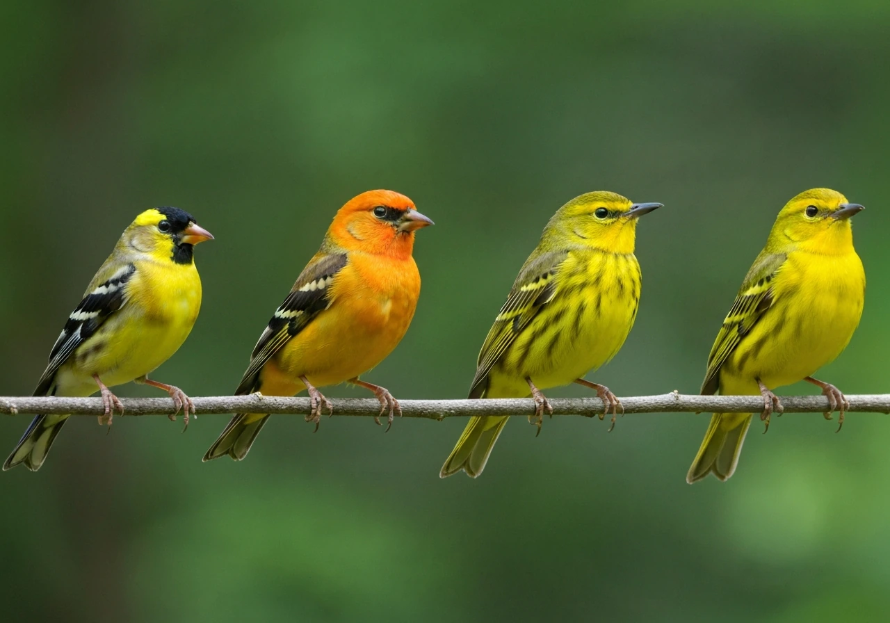 Four small yellow birds perched side-by-side, showing distinct head and wing patterns in a natural setting.