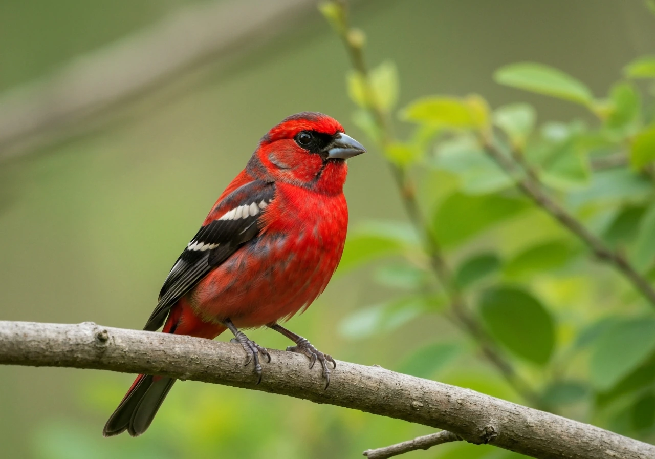 Western Tanager perched on a branch with a bold red body, dark face mask, and clear beak and wings.