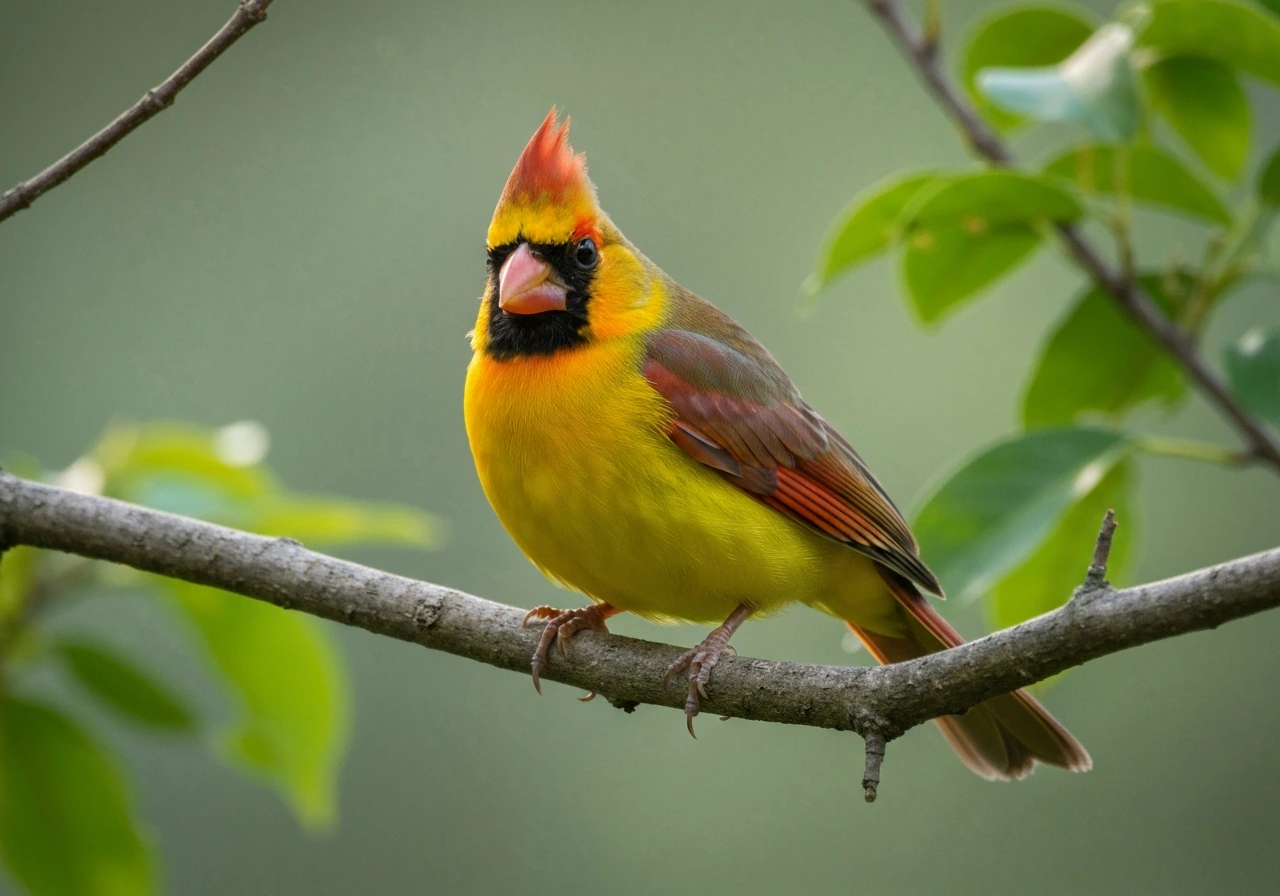 Rare true yellow morph Northern Cardinal perched on a branch with its thick bill and yellow plumage.