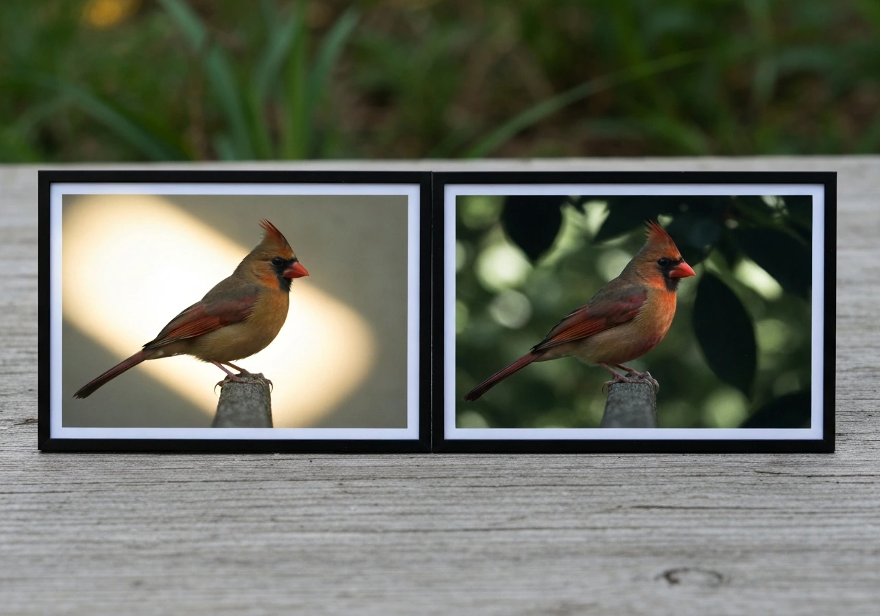 Two simple bird field photo panels showing lighting color cast versus true plumage in a quiet outdoor setting