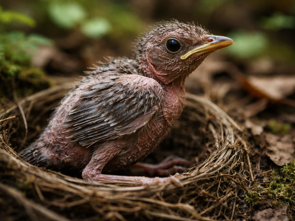 Close-up of a nearly featherless bird showing exposed skin and short feather stubs in a nest.