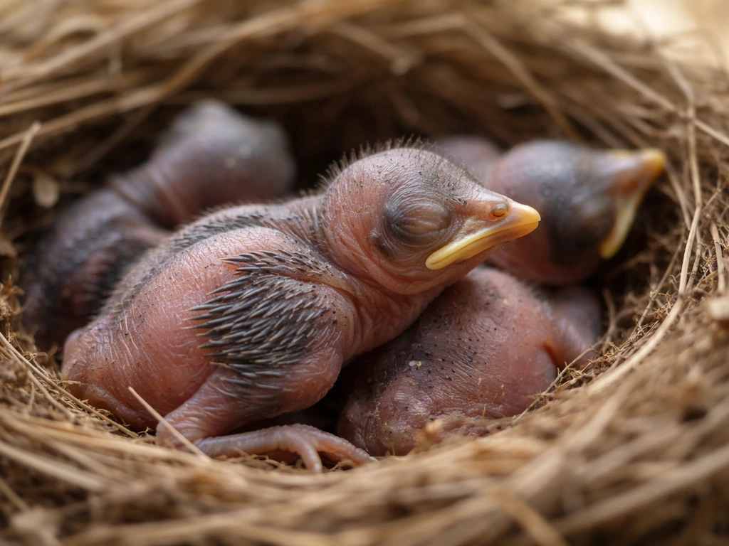 Close-up of featherless hatchling nestlings with small pin feathers beginning to emerge in a simple nest.