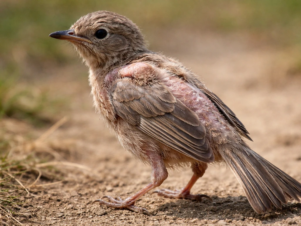 Close-up of an anonymous bird with missing feathers, showing exposed skin and reduced wing and tail structure.