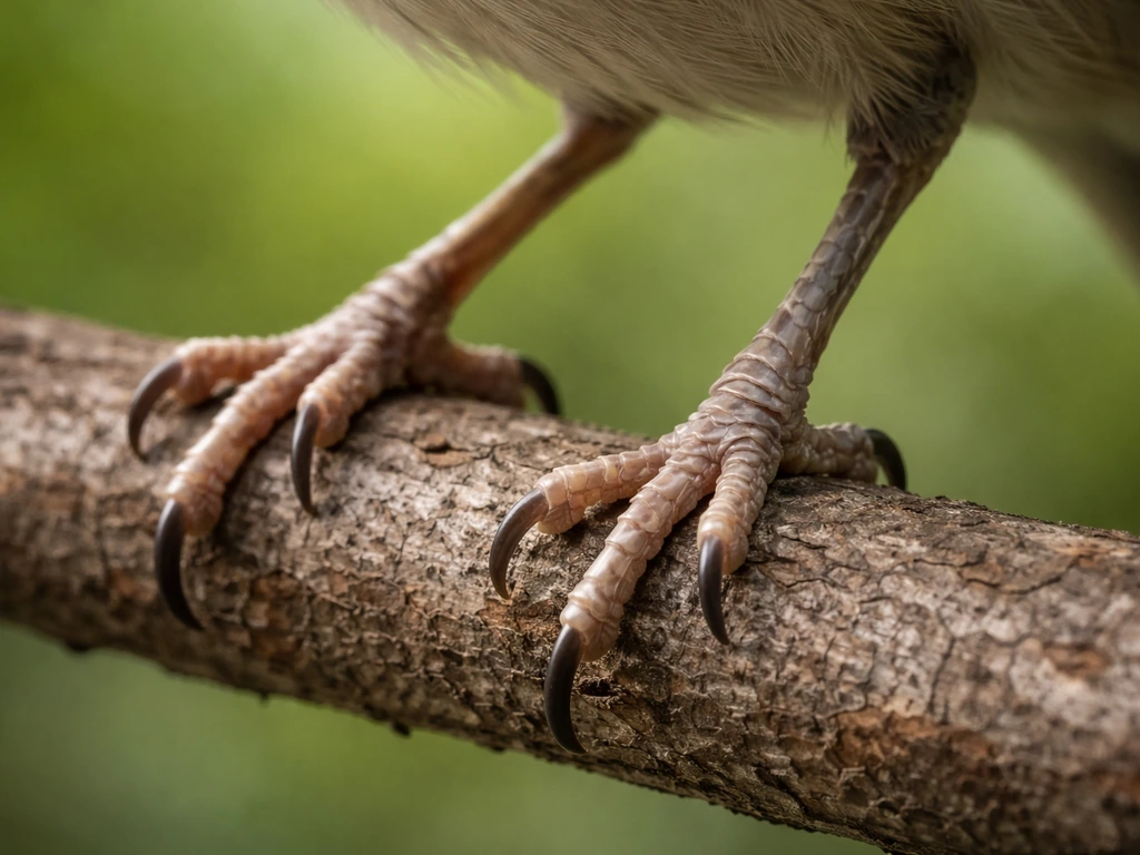 Macro photo of a small bird’s featherless leg and scaled foot structure on a branch