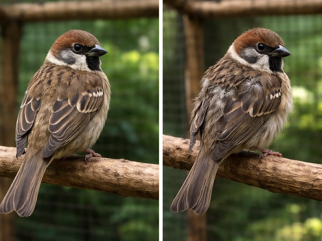 Side-by-side birds showing symmetric normal molt gaps on one and irregular feather loss on the other.
