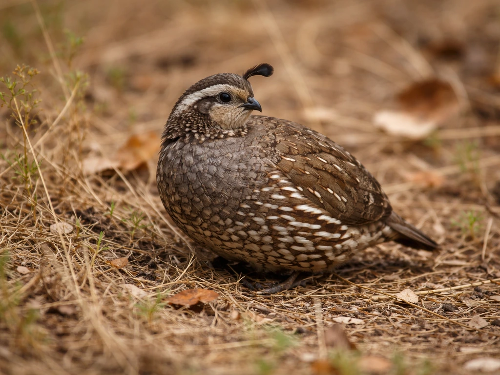 Camouflaged quail standing in natural grass and leaf litter, showing overall shape and plumage.