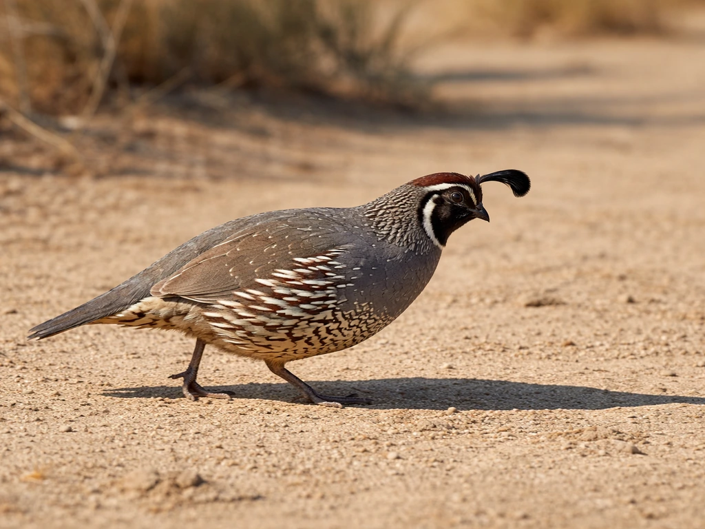 California quail walking on dry ground, showing stocky body, rounded back, and low ground-hugging posture.