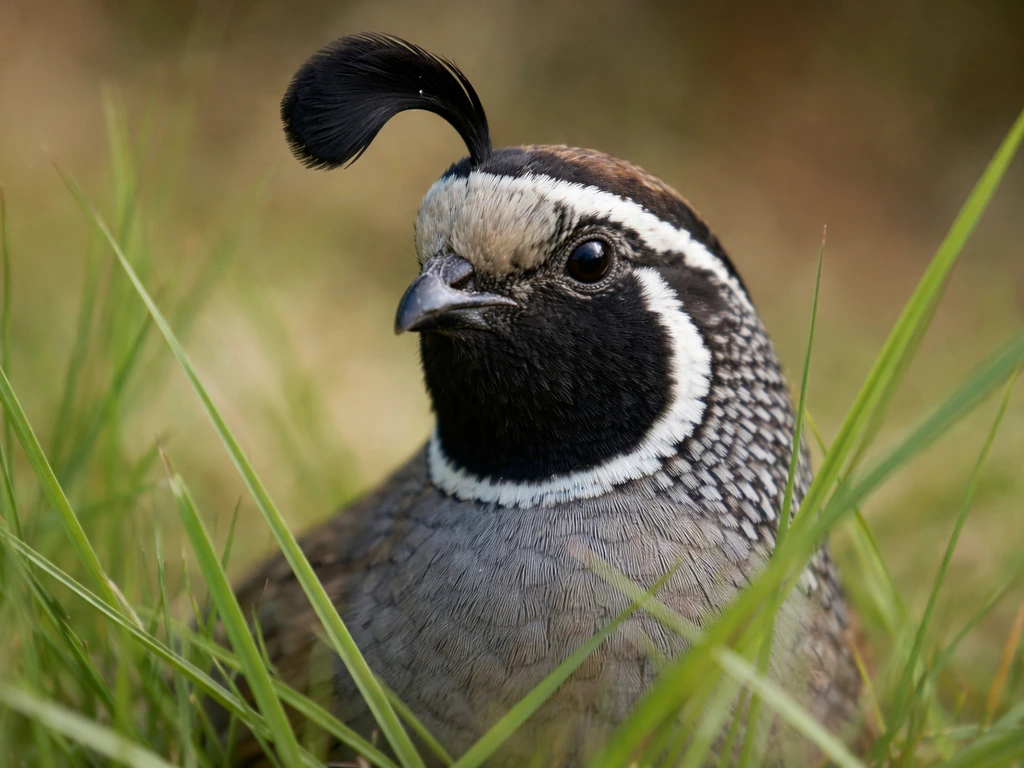 Close-up of a California quail’s head showing bold comma-shaped topknot and contrasting facial markings.