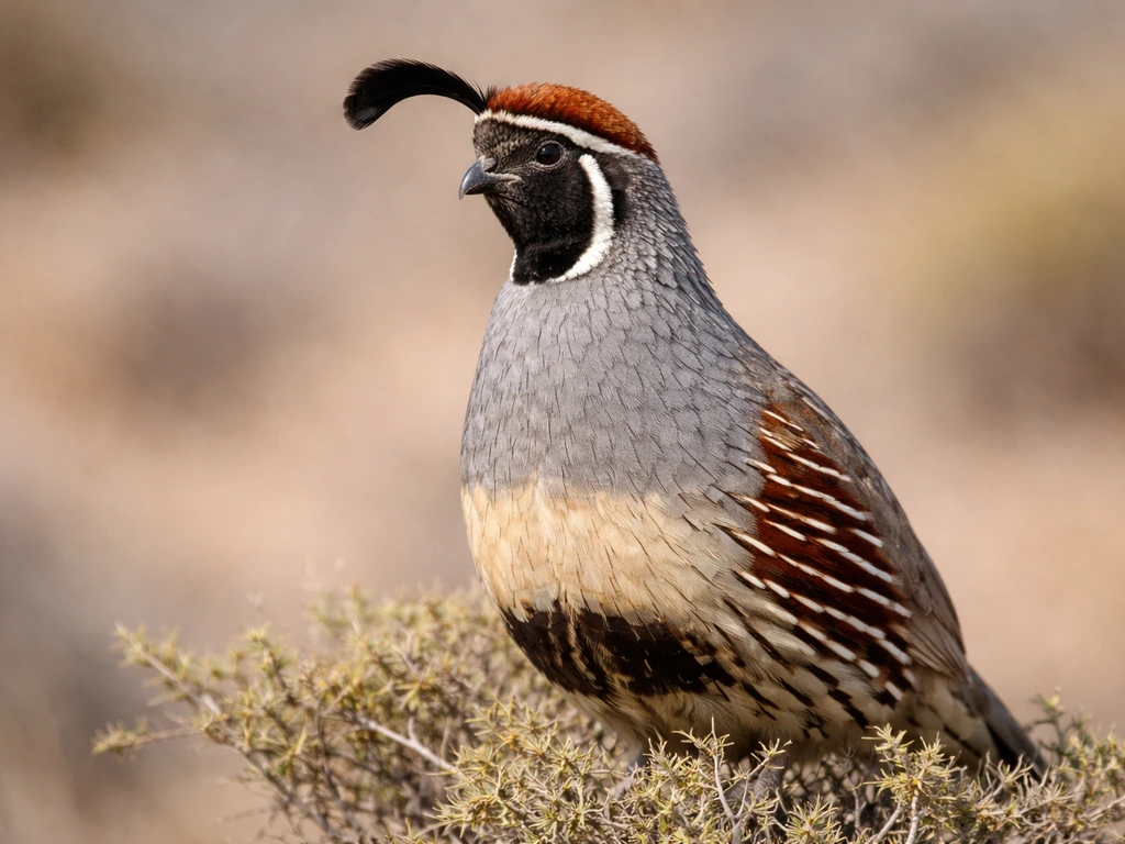 Close-up of a Gambel's quail’s head showing its curving topknot and bold face pattern.