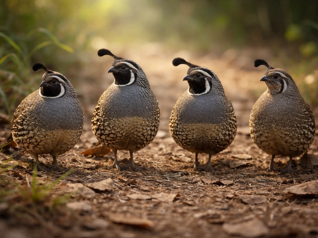 Several small North American quail stand on the forest floor, separated for visible head and belly differences.