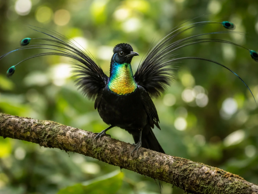 Male bird of paradise displaying iridescent plumage and long tail streamers on a natural rainforest branch.