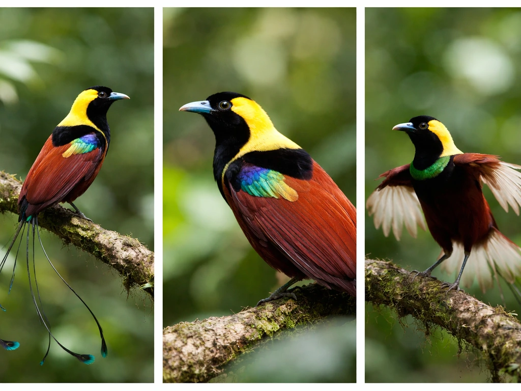 Three minimal panels showing a bird of paradise’s tail plumes, iridescent patches, and upright posture.