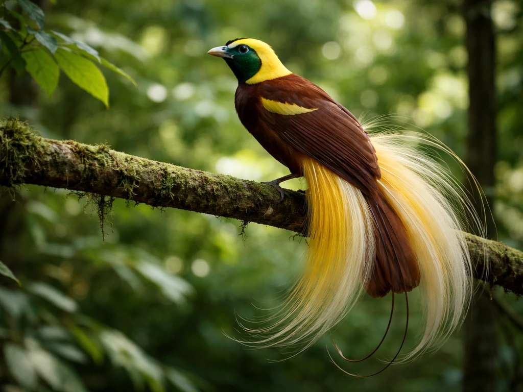 Male bird of paradise with long wispy flank plumes perched on a branch in lush green jungle.
