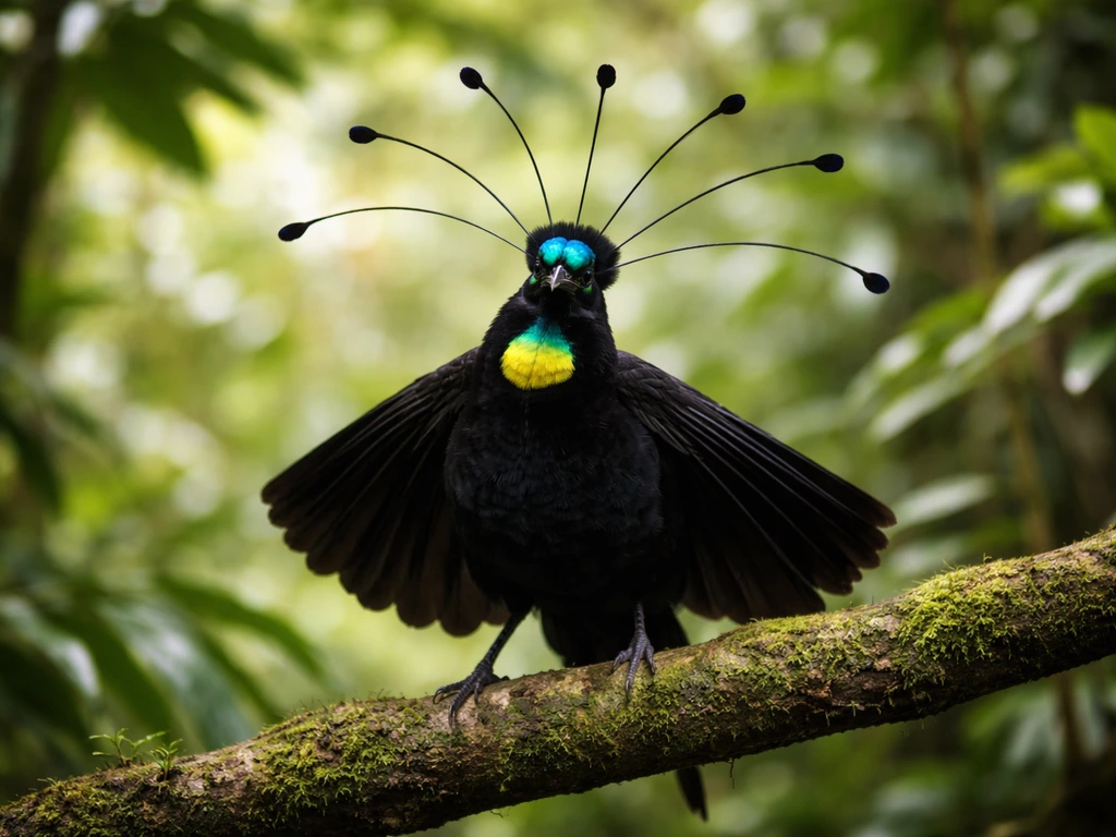Male parotia bird displaying with flared black collar and six wired head plumes in a rainforest setting.