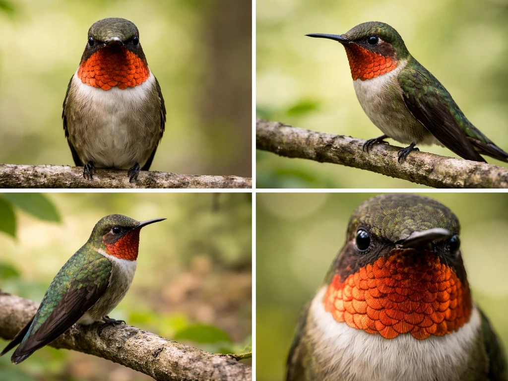 Four simple outdoor frames showing a small colorful bird from front, side, perch, and throat close-up angles.