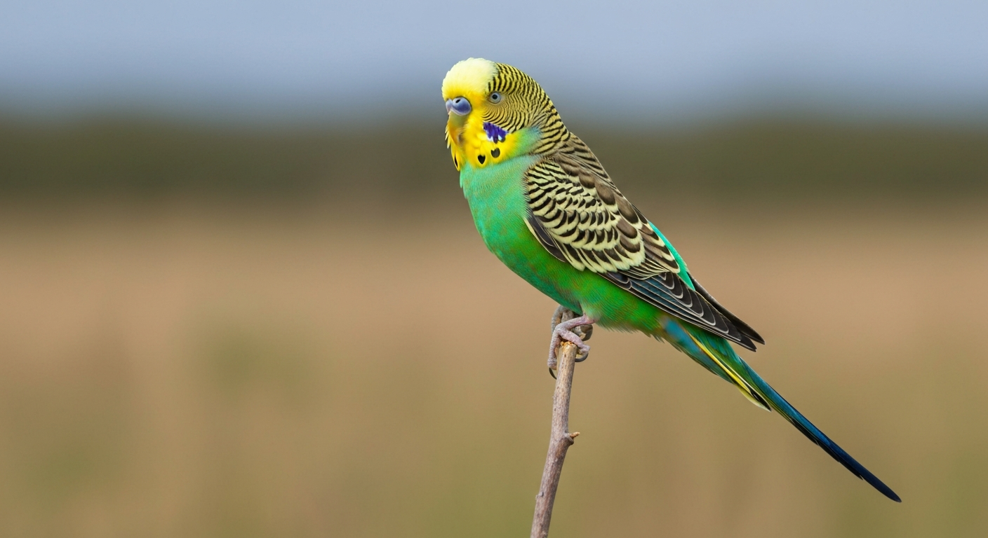Wild-type budgerigar perched side-profile showing yellow face, green body, black scalloped back pattern and long tapered tail.