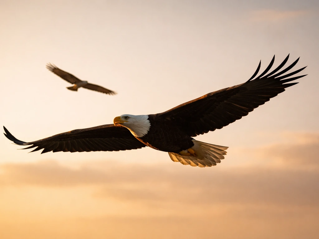 Bald eagle and other soaring raptors in midair, showing long broad wings and hooked bill silhouettes.
