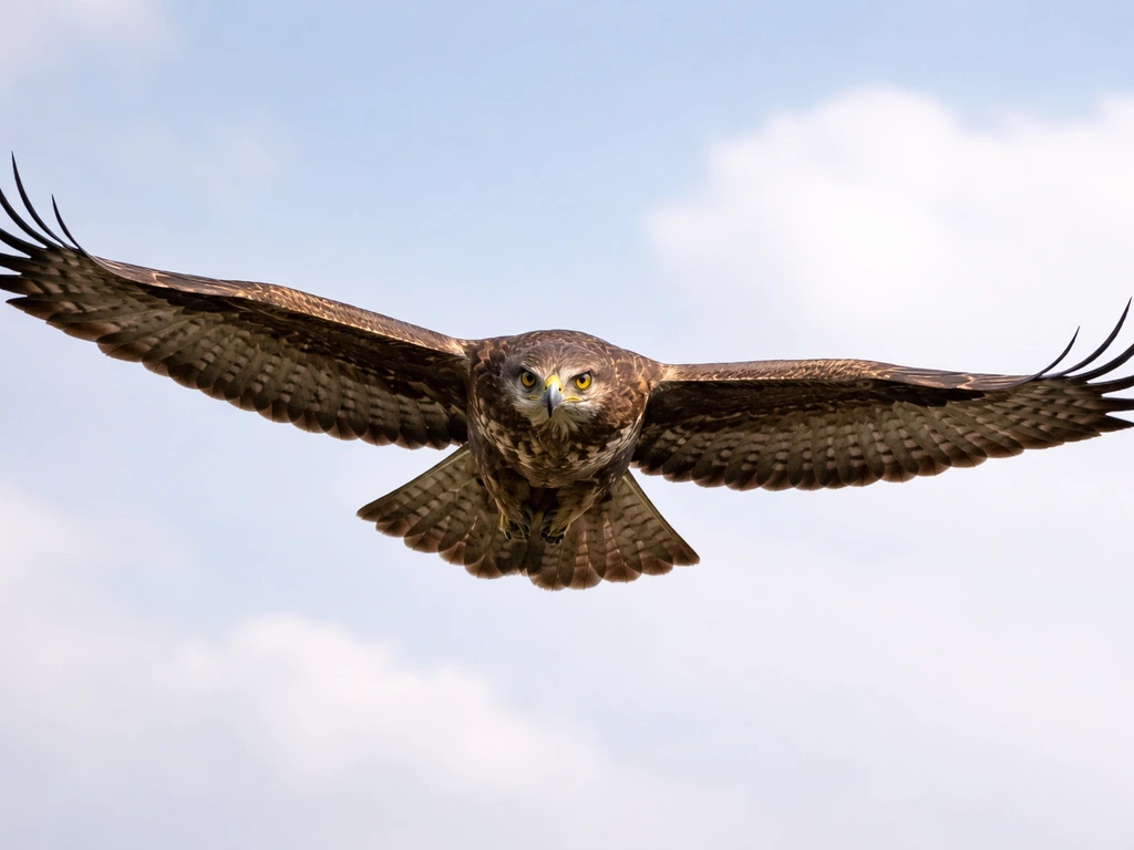 Close in-flight view of a large raptor with broad wings holding a slight V dihedral