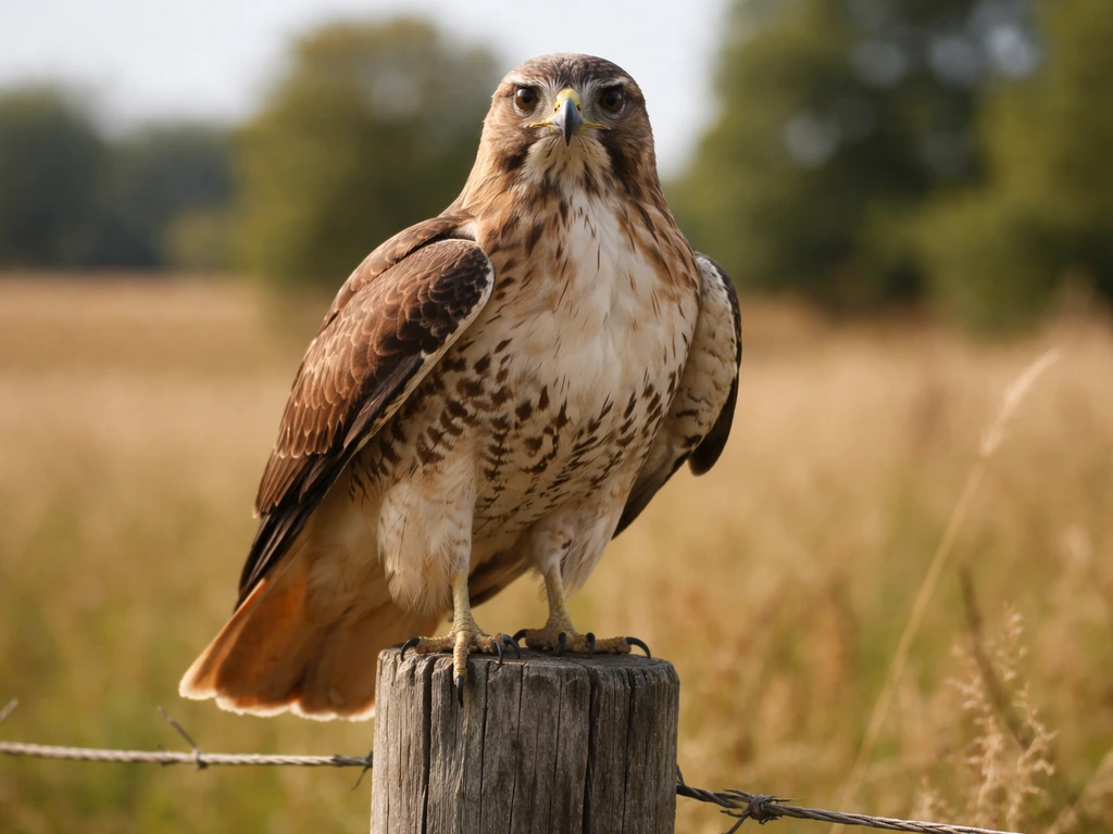 Red-tailed hawk perched on a fence post with clear wings, hooked bill, and warm rufous tail.