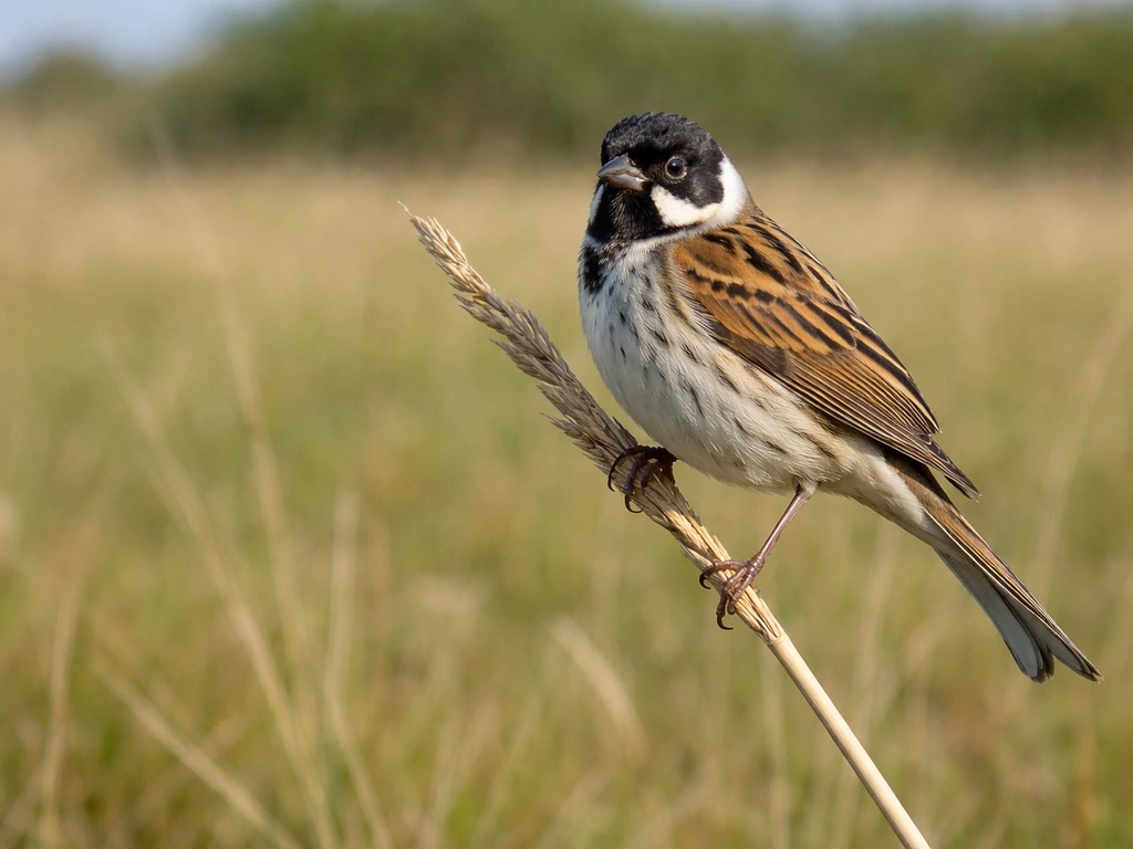 Male bunting bird perched in open countryside, showing distinct head and wing pattern.